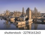 Small photo of Strasbourg, France - March 05, 2022 - View of Ponts Couverts de Strasbourg from the rooftop of Barrage Vauban.