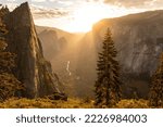 Overlooking Yosemite Valley from above with El Capitan rock face during sunset, Yosemite National Park, California, USA.