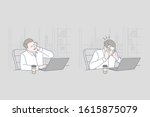 Business, stress, work, problem set concept. Young tired exhaused businessman has serious problem on work and tries to find solution. Overworking causes raise of stress level. Simple flat vector