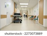 Dark-haired woman and middle-aged man walk along the hospital corridor