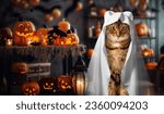 A cat in a ghost costume...