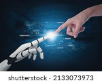 3D rendering artificial intelligence AI robot finger making contact with human hand and cyborg development for future of people living. Digital data mining and machine learning technology.