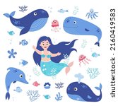 cute mermaid and sea animals ... | Shutterstock .eps vector #2160419583