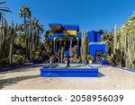 Small photo of Le Jardin Majorelle, Marrakech, Morocco - November 14, 2017: Blue architecture of the villa complex and tropical botanical garden build in the 1923 by the French Orientalist artist Jacques Ma