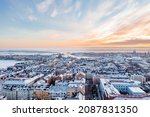 Aerial view of Helsinki at sunset in winter
