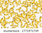 Small photo of abstract bananas on white background collage style aleatory pattern
