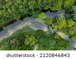Small photo of Untouched river forest section. Topshot aerial view.