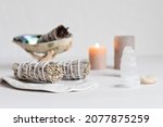 Small photo of Smudge kit with white sage stick, abalone sea shell. Natural elements for cleansing environment from negative energy, adding positive vibes. Spriritual practices, witchcraft concept