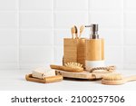 Bathroom styling and organization. Organic lifestyle and skin care products. Modern design of bathroom sustainable, refillable, reusable accessories in bamboo