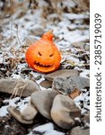 Small photo of Holiday Halloween pumpkin with a grin lying on the ground, a small orange pumpkin, a treacherous expression in the eyes, a symbol of All Saints' Day. High quality photo