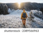 Rear view of man with backpack on hiking trip, solo trekking in the mountains, hiking with backpack in nature in winter season. High quality photo