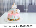 Cake birthday girl with figure 2, figure rainbow and unicorn