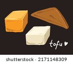 Tofu collection set of vector illustration with flat art style. Soy sauce tofu, yellow tofu, and white japanese silk tofu artwork.