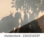 Abstract girls friendship best friend forever concept idea. Happy hand peace hand sign pose photo shadow silhouette isolated on plain white walls and side walk flooring.