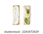 Sandwich, toast on grain crispbread with cream cheese, sliced cheese, spinach isolated on white background. Snack, bruschetta.