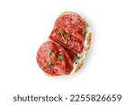 Sandwich, toast with cream cheese, sliced salami, sausage, microgreen isolated on white background with clipping path, cut out. Snack, bruschetta.