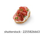 Sandwich, toast with cream cheese, sliced salami, sausage, microgreen isolated on white background with clipping path, cut out. Snack, bruschetta.
