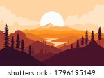 Autumn mountains landscape with tree silhouettes and river at sunset. Vector illustration
