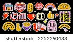 Set of nostalgic pop art sticker pack. Collection of funny and cute emoji and vintage lettering badges and graphic elements isolated on black background. Vector illustration