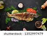 Baked Trout with Vegetables. Top view. Free space for your text. Rustic style.