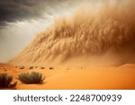 Heavy sand and dust storm above desert land on hot summer day. Danger and power of wild nature. Huge cloud carried by wind 3d artwork