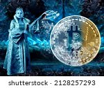 Crypto winter. Beautiful woman in the image of the Snow Queen and cryptocurrency Bitcoin