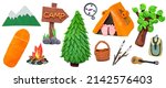 Small photo of Set of ecotourism plasticine elements for camping: tent, backpack, bonfire, guitar, trees. The concept of ecological travel and tourism. Isolated on white.