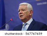 Small photo of BUCHAREST, ROMANIA - January 30, 2017: Teodor Viorel Melescanu, Romanian Minister of Foreign Affairs speaks at a press conference.