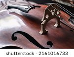 Small photo of Double bass bridge and strings close up, selective focus. wooden stringed musical choir instrument.