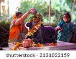 Small photo of New Delhi, India-March 1 2022: woman devotee pouring milk on statue of Nandi bull (Nandi bull is symbolic vehicle of the Hindu god Shiva) on Hindu festival MahaShivratri in india.