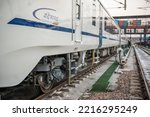 Small photo of New Delhi, India-Oct 13 2022: Vande Bharat Express train parked at New Delhi Railway station coming from himachal pradesh, semi-high-speed, intercity, electric multiple unit train