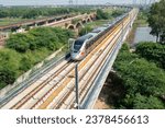Small photo of Ghaziabad, Uttar Pradesh, India-Oct 18 2023: India First high speed Train from the Regional Rapid Transit System running on Elevated track at Sahibabad. regional transport service, Delhi Meerut RRTS