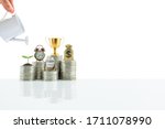 Small photo of Term fund / time value of money / wealth creation, financial concept : Water is poured from a watering can on small tree and coins, depict sustainable asset, investment for long-term dividend payout