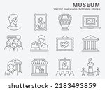 Museum icon set. Collection of sculpture, history, antique, gallery and more. Vector illustration. Editable stroke.