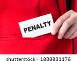 Small photo of girl holds a business card with the written word penalty, close-up card in korman