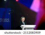 Small photo of Cannes, France - 22 january 2022: Gilbert Collard on stage during the meeting of Eric Zemmour in Cannes on the theme of the reunion of the right-wing.