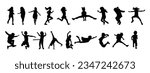 Vector set of detailed children playing boys and girls silhouettes isolated on white background