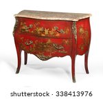 Small photo of old vintage antique chest of drawers known as commode wood painted to look Japanese ormolu furniture and marble top isolated on white with clipping path