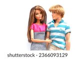 Small photo of Sao Paulo, Brazil- September 24, 2023. Barbie Ken. Barbie doll and her boyfriend Ken isolated on white background. Copy space. Romantic couple concept.