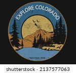 Explore Colorado lake vintage print design for t shirt and others. National park graphic artwork for sticker, poster, background. 