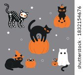 black cats in spooky outfits.... | Shutterstock .eps vector #1832154676