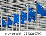 Waving European Union flags in a row in Brussels, Belgium. Close up