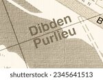 Small photo of Dibden Purlieu near Southampton in Hampshire, England, UK atlas map town name in sepia