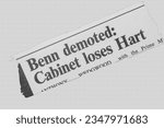 Small photo of Benn demoted - Cabinet loses Hart - news story from 1975 UK newspaper headline article title pencil sketch