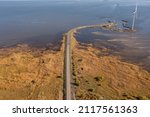 Finland , Hailuoto 26 September 2021 . Landscape from a drone. Sea route between the island and the mainland on an autumn sunny day