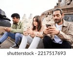 Small photo of Individualist people chatting with smart phone ignoring each other using Mobile. Individualist friends Technology addicts. High quality photo