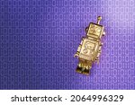 Small photo of robot over hexadecimal background. golden bot on blue floor and copy space. to use as a background for presentations on cyber security or data automation