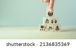 Small photo of Human resource training and development concept.Business, personal development improving and enhancing competency, performance. Putting wooden cubes training with brainstorm, coaching, learning icons.