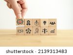Small photo of Core values,corporate values concept. Company culture and strategy related to business and customer relationships, growth. Principles guide company's action. Put wooden cubes with core values icons.
