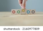Small photo of Target customer, buyer persona, marketing segmentation, job recruitment concept. Personalization marketing, customer centric strategies. Putting wooden cubes with focused on target customer symbols.